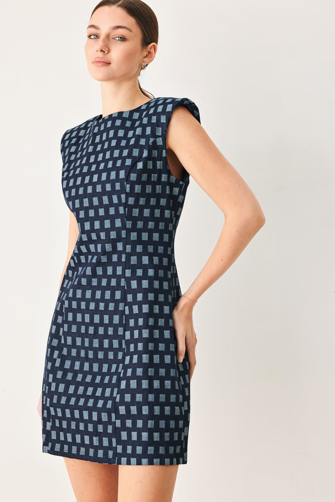 COOL GIRL CHECK JACQUARD DENIM MINI DRESS