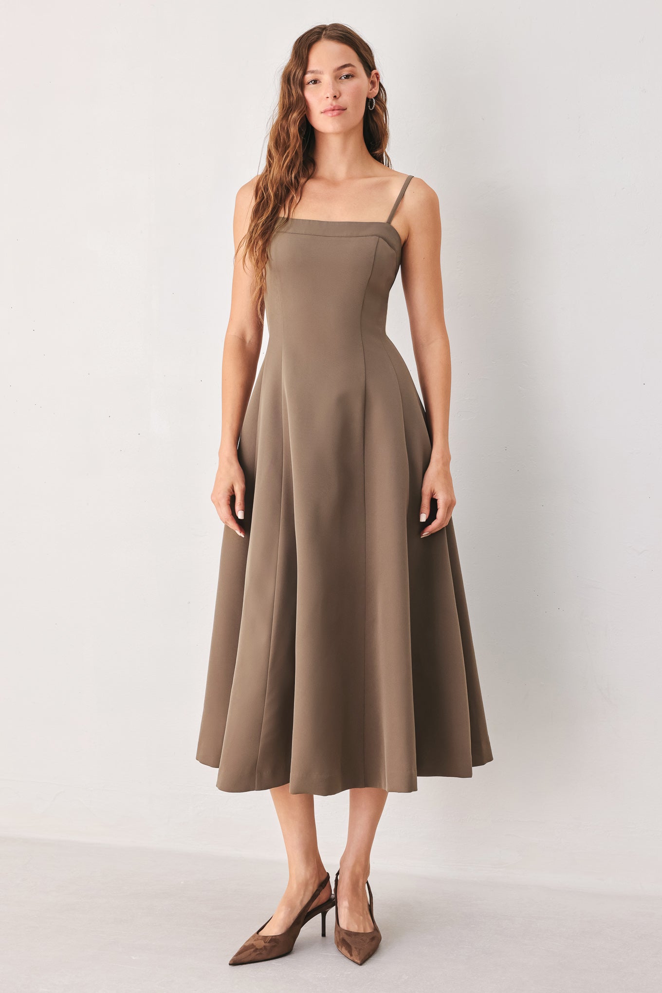 COFFEE BEAN SWING WOVEN MIDI DRESS