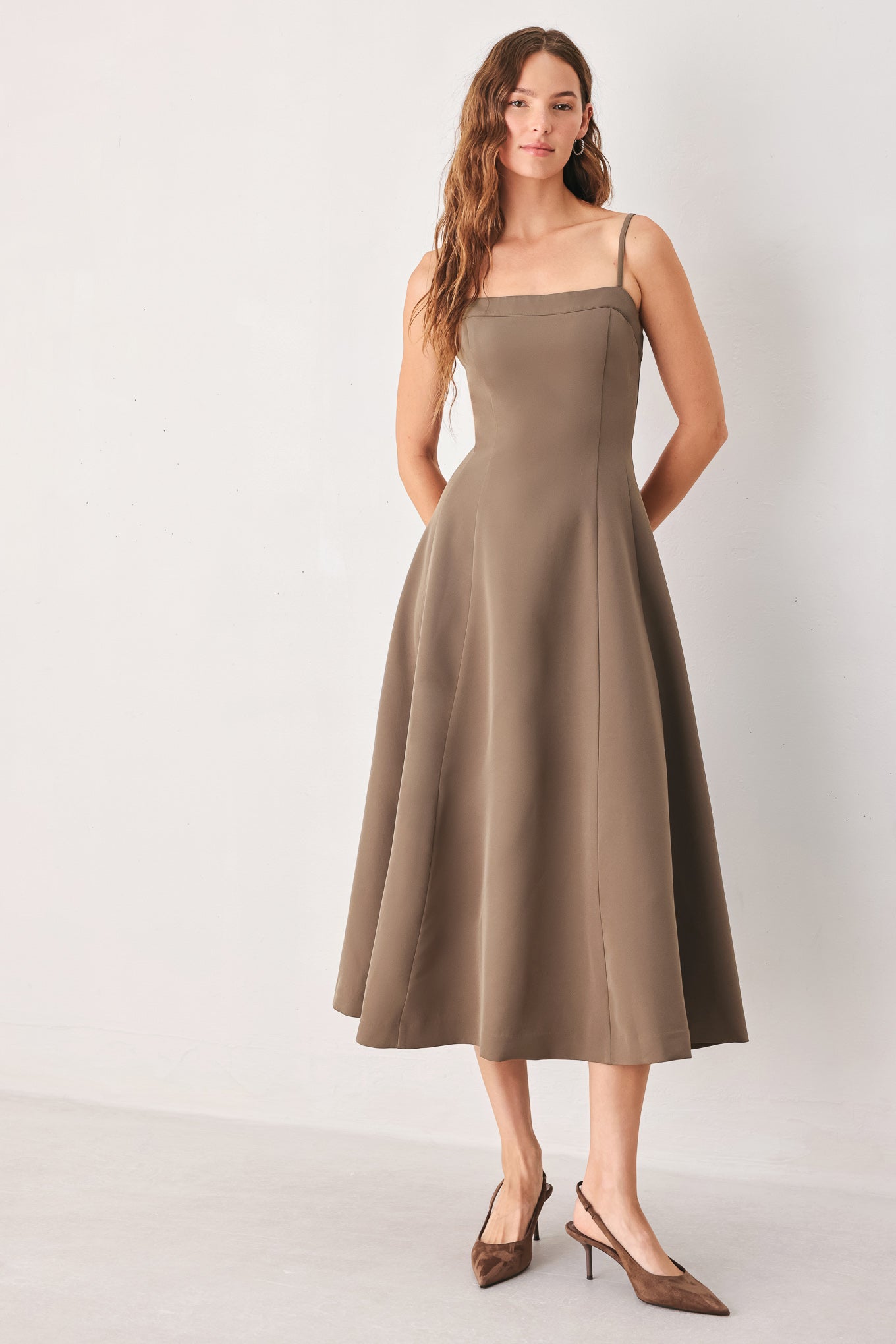 COFFEE BEAN SWING WOVEN MIDI DRESS