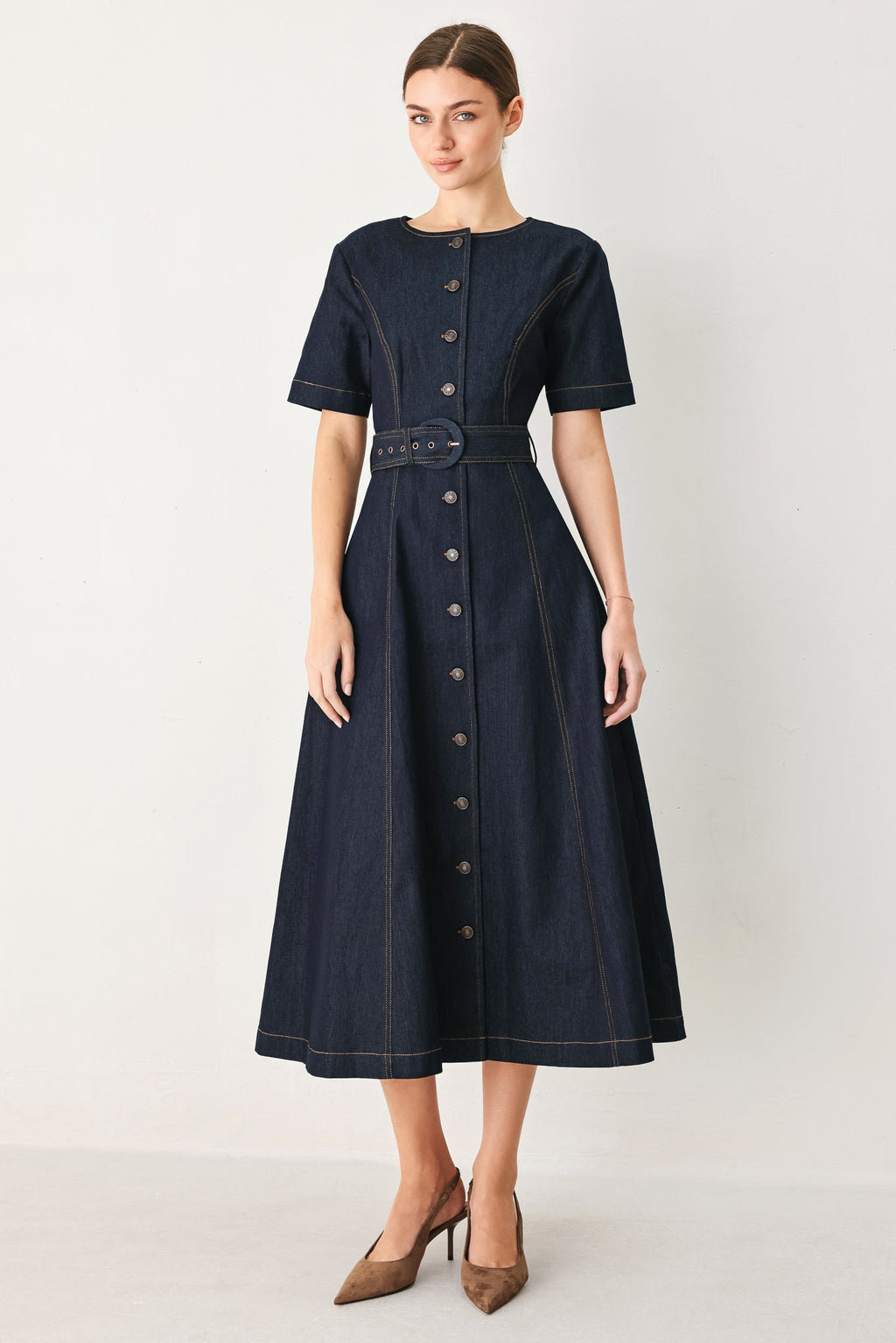ROMANTIC DENIM WOVEN MIDI DRESS