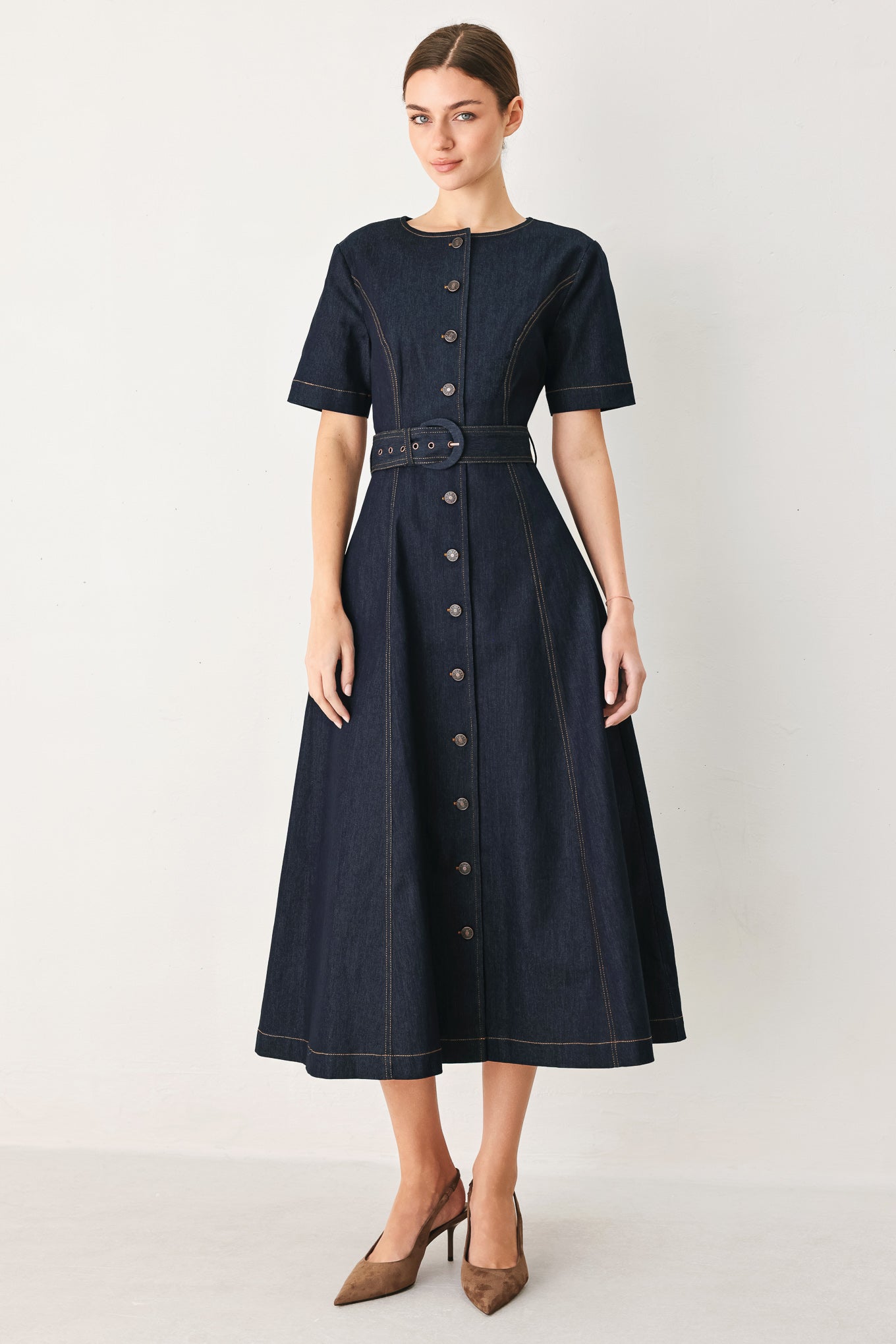 ROMANTIC DENIM WOVEN MIDI DRESS