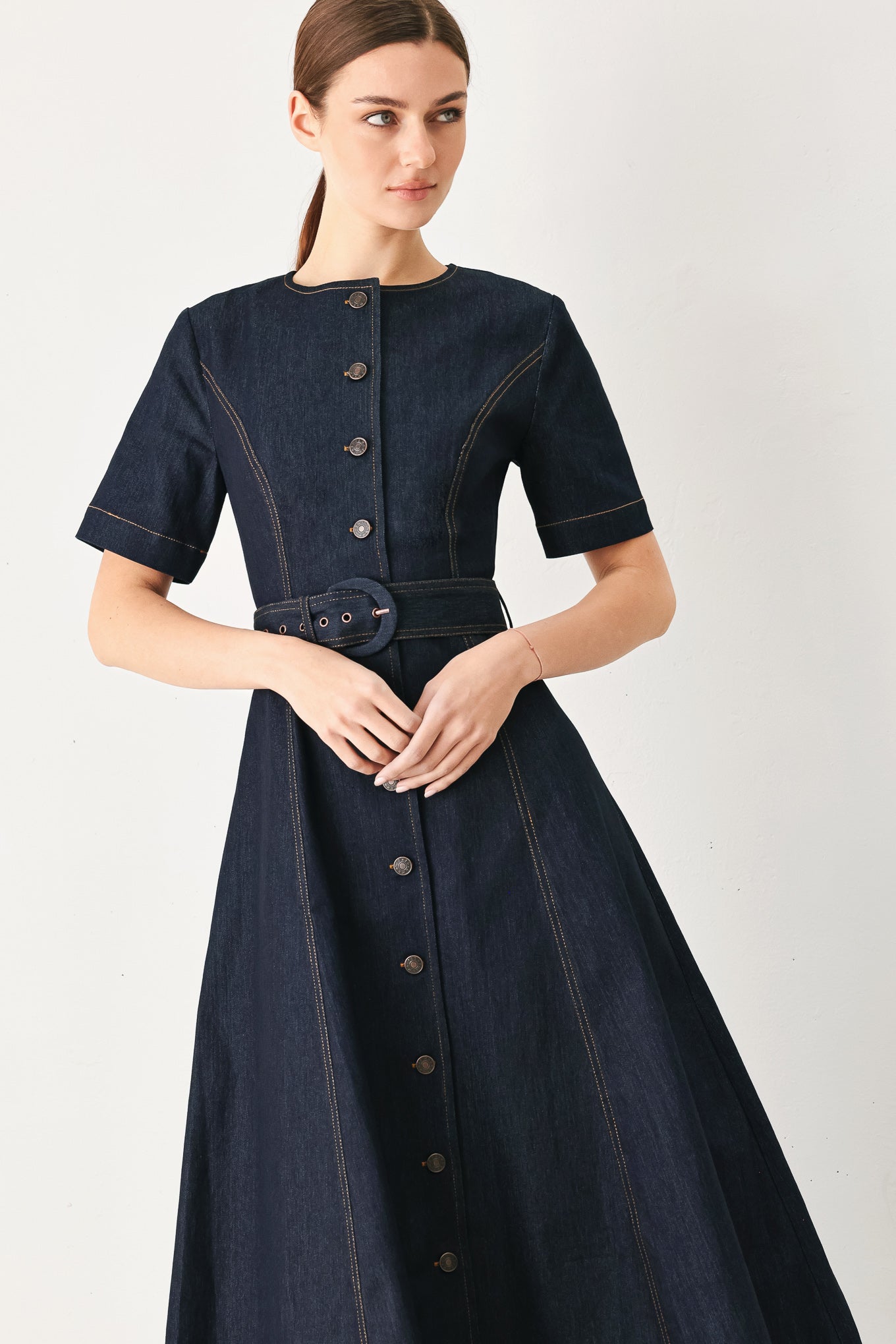 ROMANTIC DENIM WOVEN MIDI DRESS