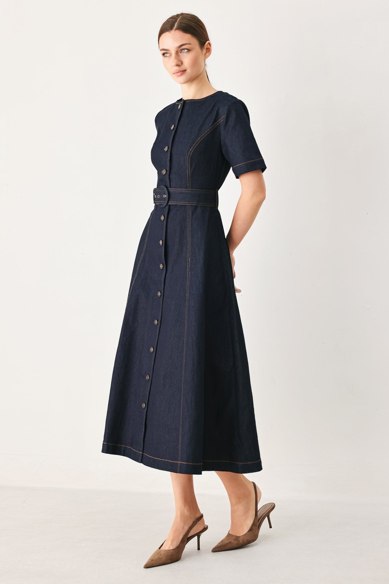 ROMANTIC DENIM WOVEN MIDI DRESS