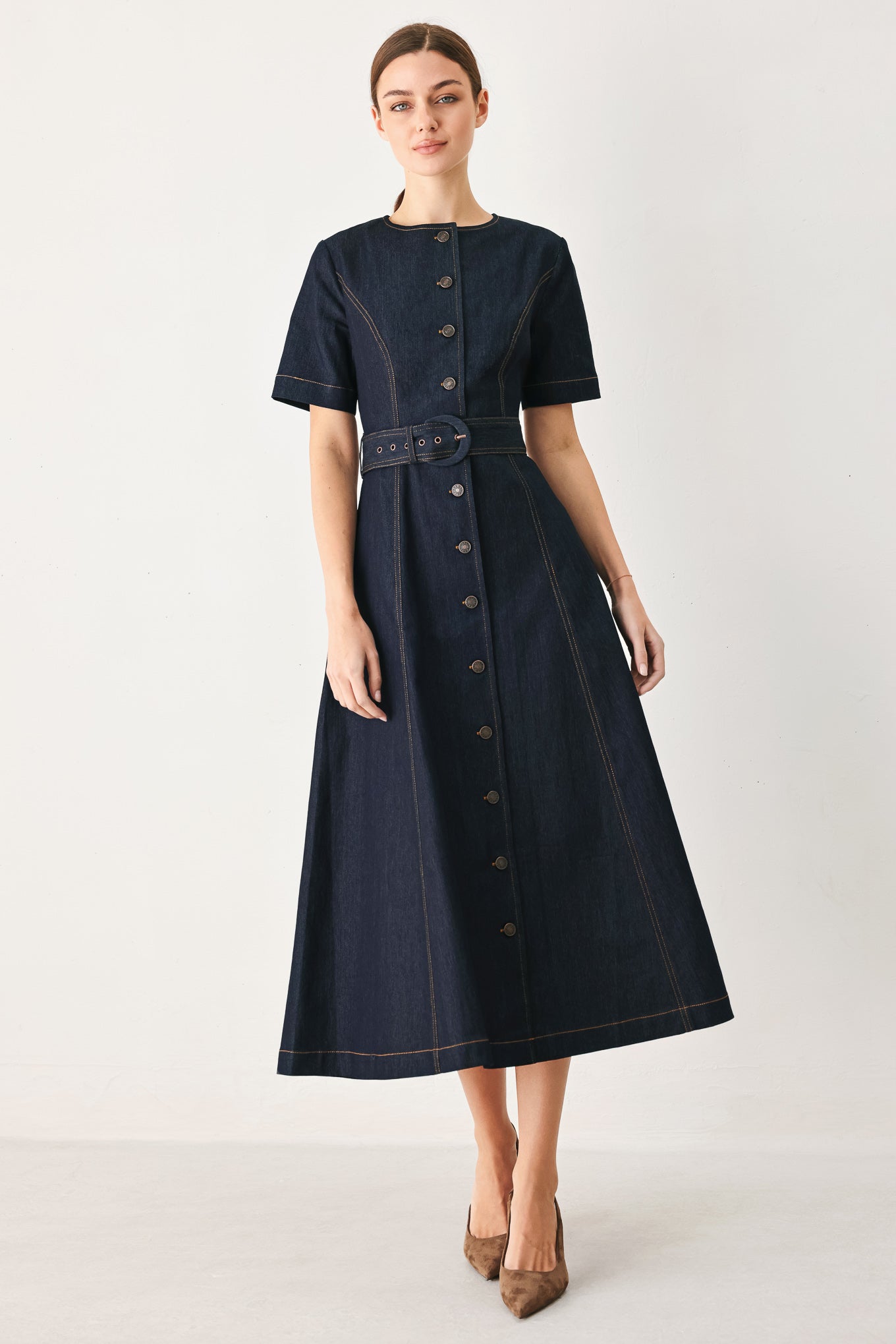 ROMANTIC DENIM WOVEN MIDI DRESS