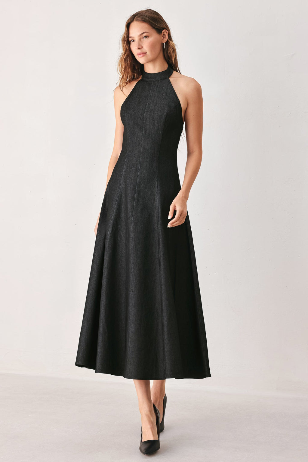 AFTER DARK HALTER DENIM MIDI DRESS