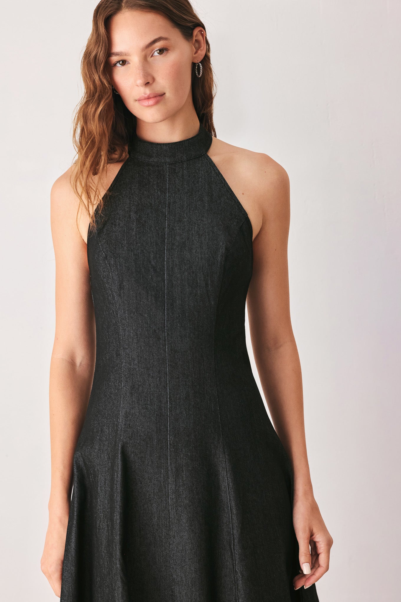 AFTER DARK HALTER DENIM MIDI DRESS
