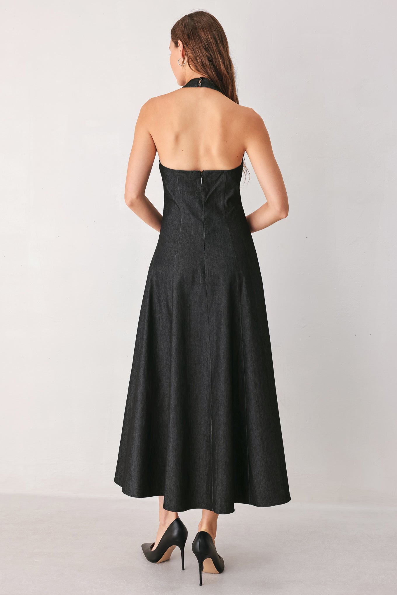 AFTER DARK HALTER DENIM MIDI DRESS