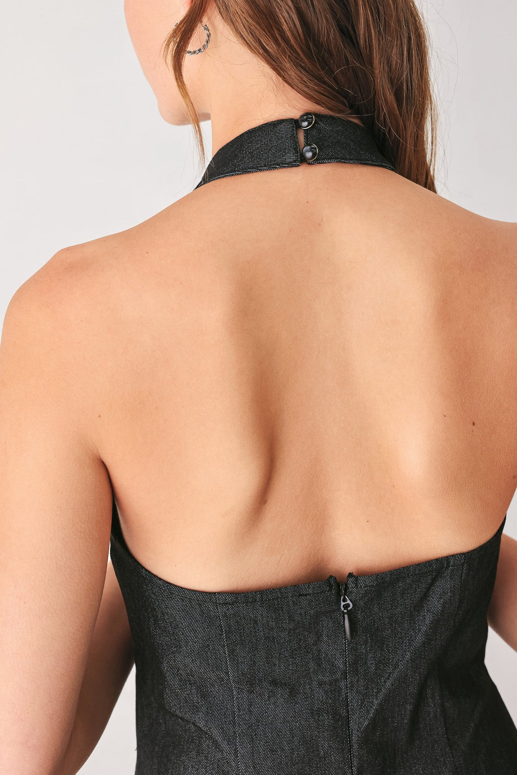 AFTER DARK HALTER DENIM MIDI DRESS