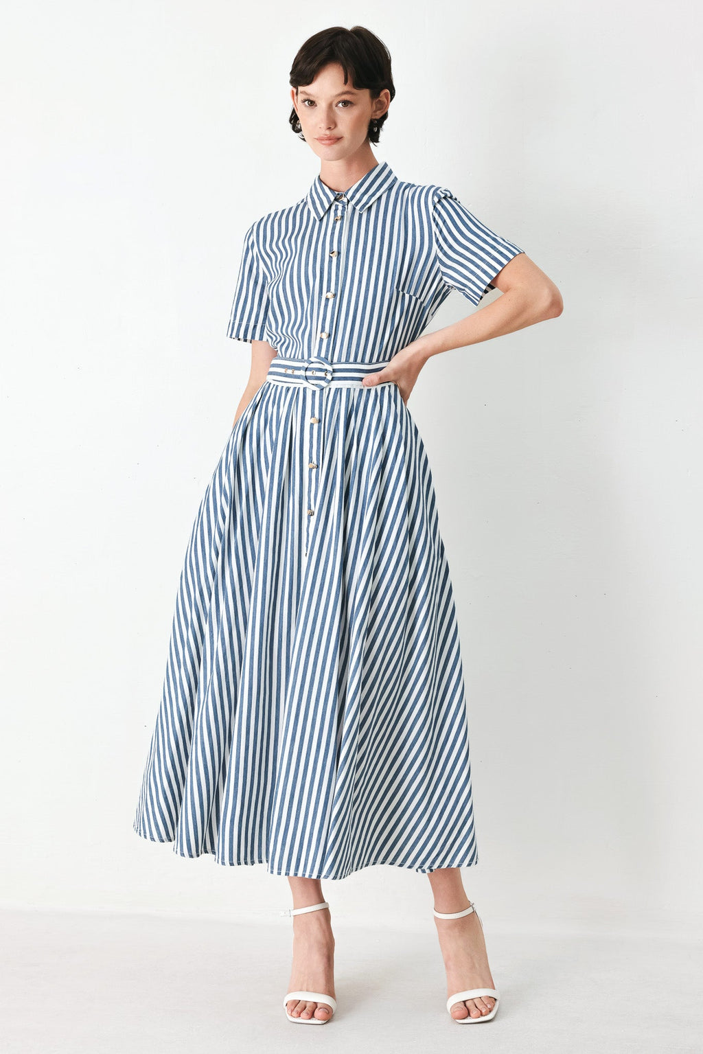 COASTAL MUSE STRIP WOVEN MIDI SHIRT DRESS