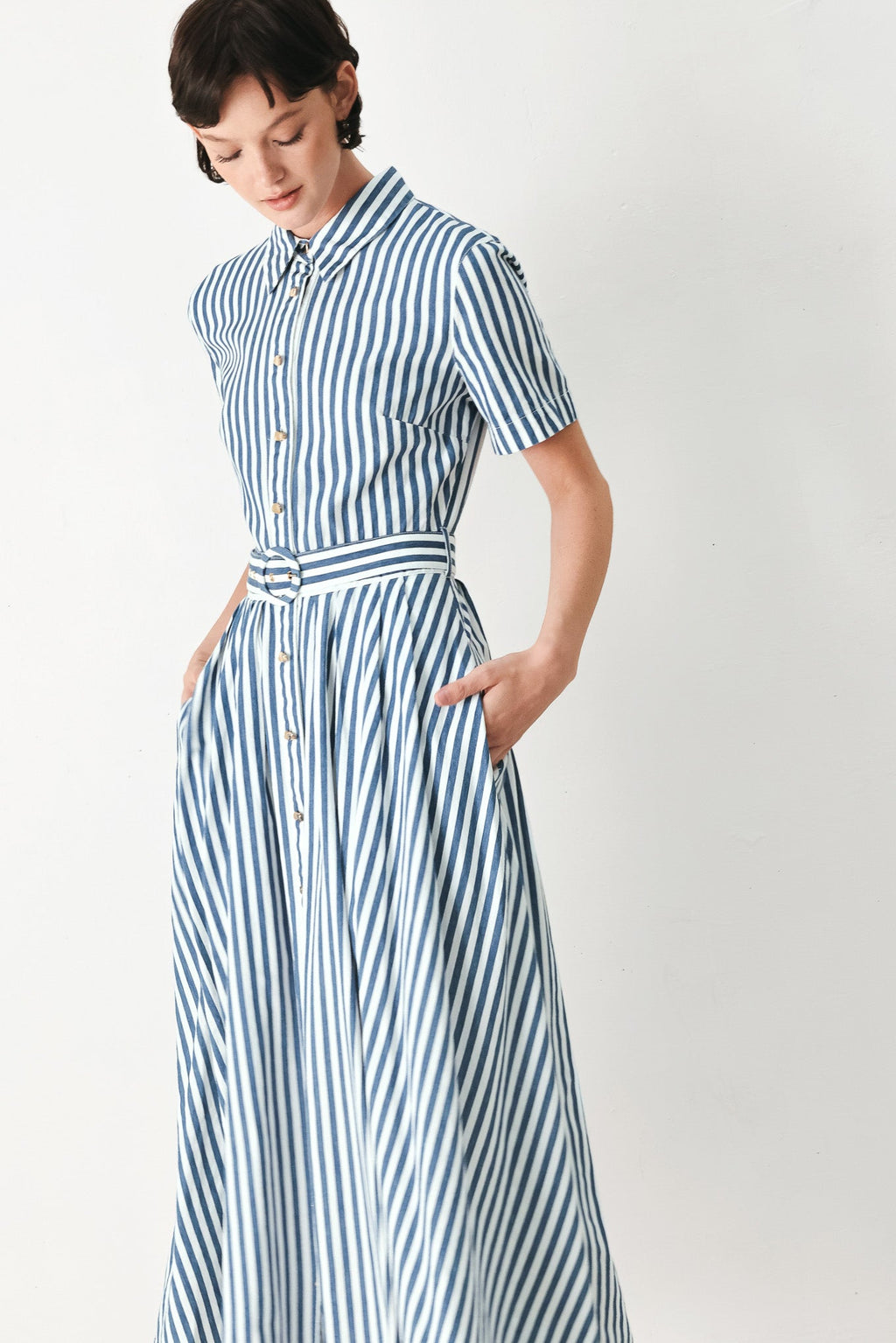 COASTAL MUSE STRIP WOVEN MIDI SHIRT DRESS