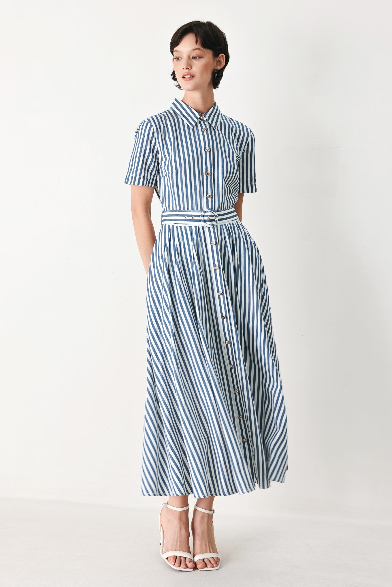 COASTAL MUSE STRIP WOVEN MIDI SHIRT DRESS