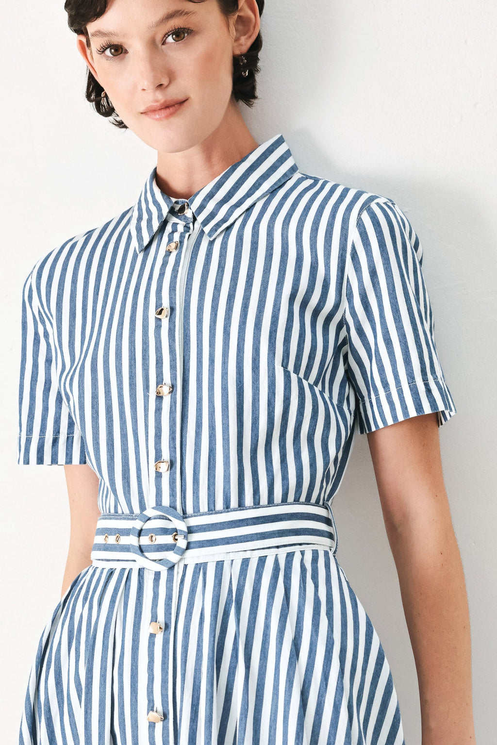 COASTAL MUSE STRIP WOVEN MIDI SHIRT DRESS
