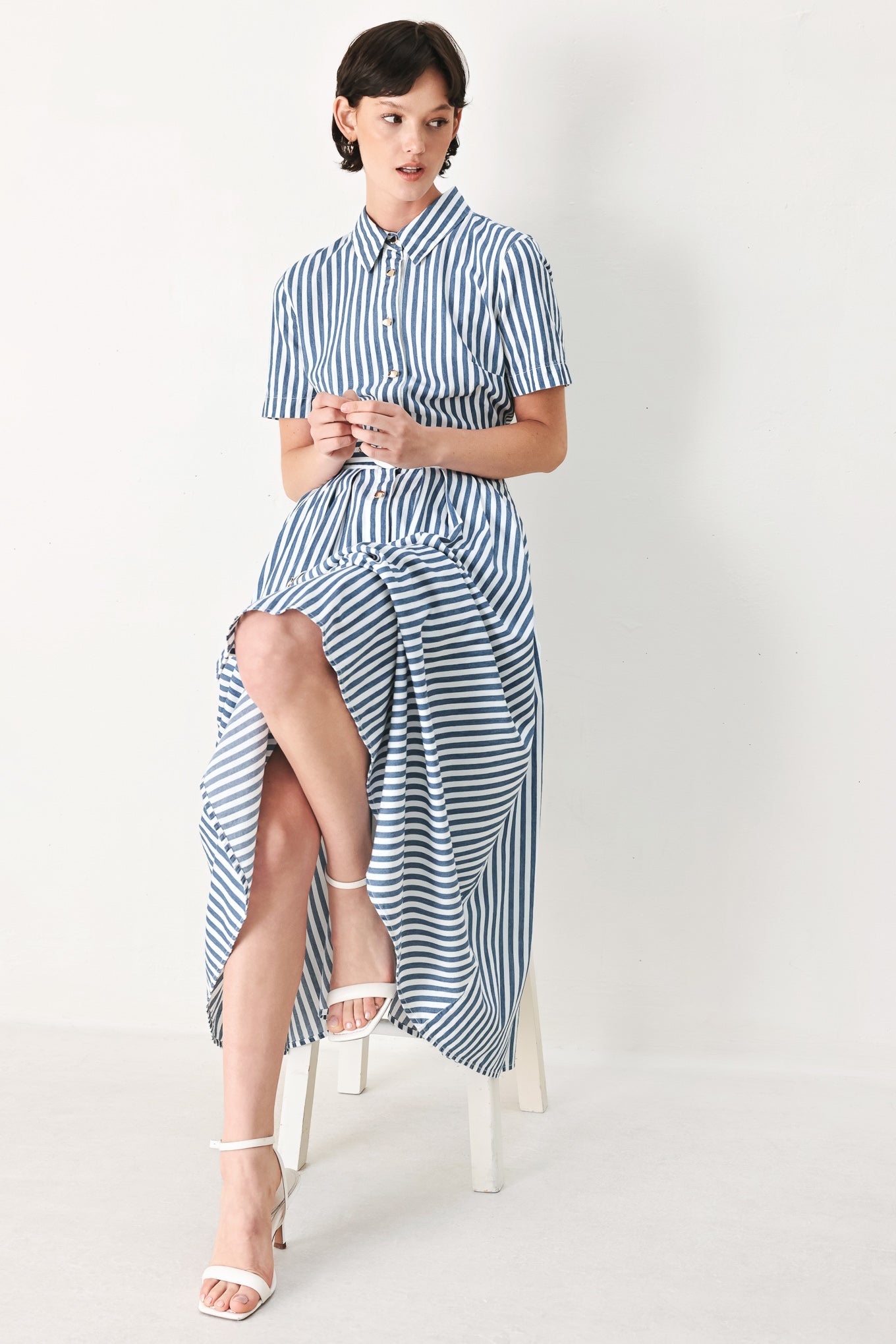 COASTAL MUSE STRIP WOVEN MIDI SHIRT DRESS