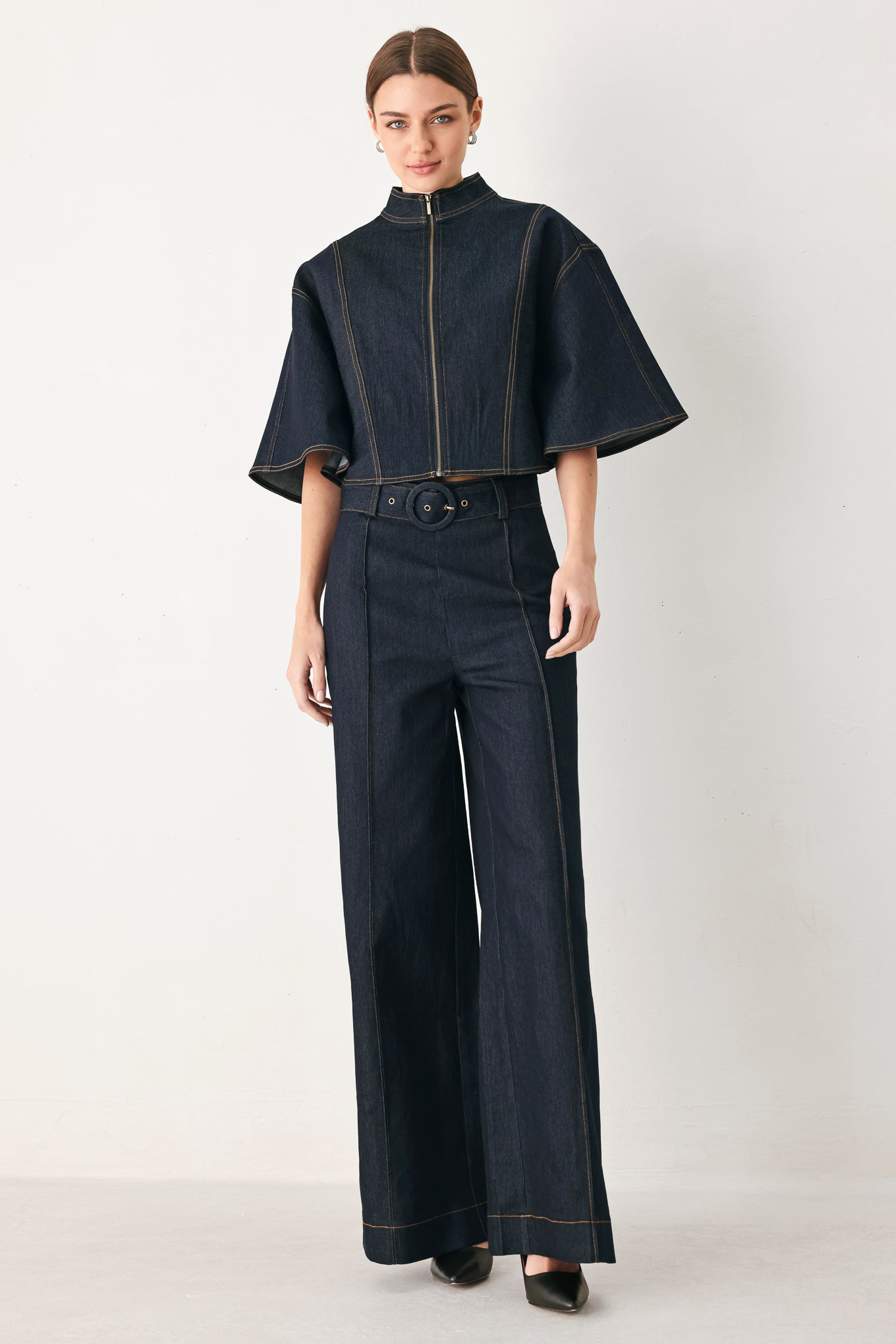 URBAN STITCH WIDE SLEEVE DENIM CAPELET TOP
