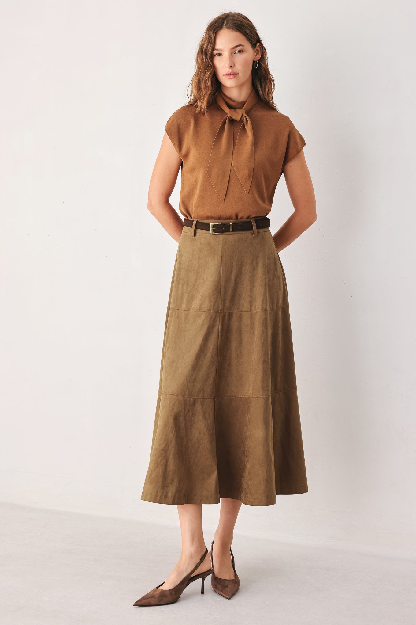 SANDSTONE SILHOUETTE FAUX SUEDE MIDI SKIRT