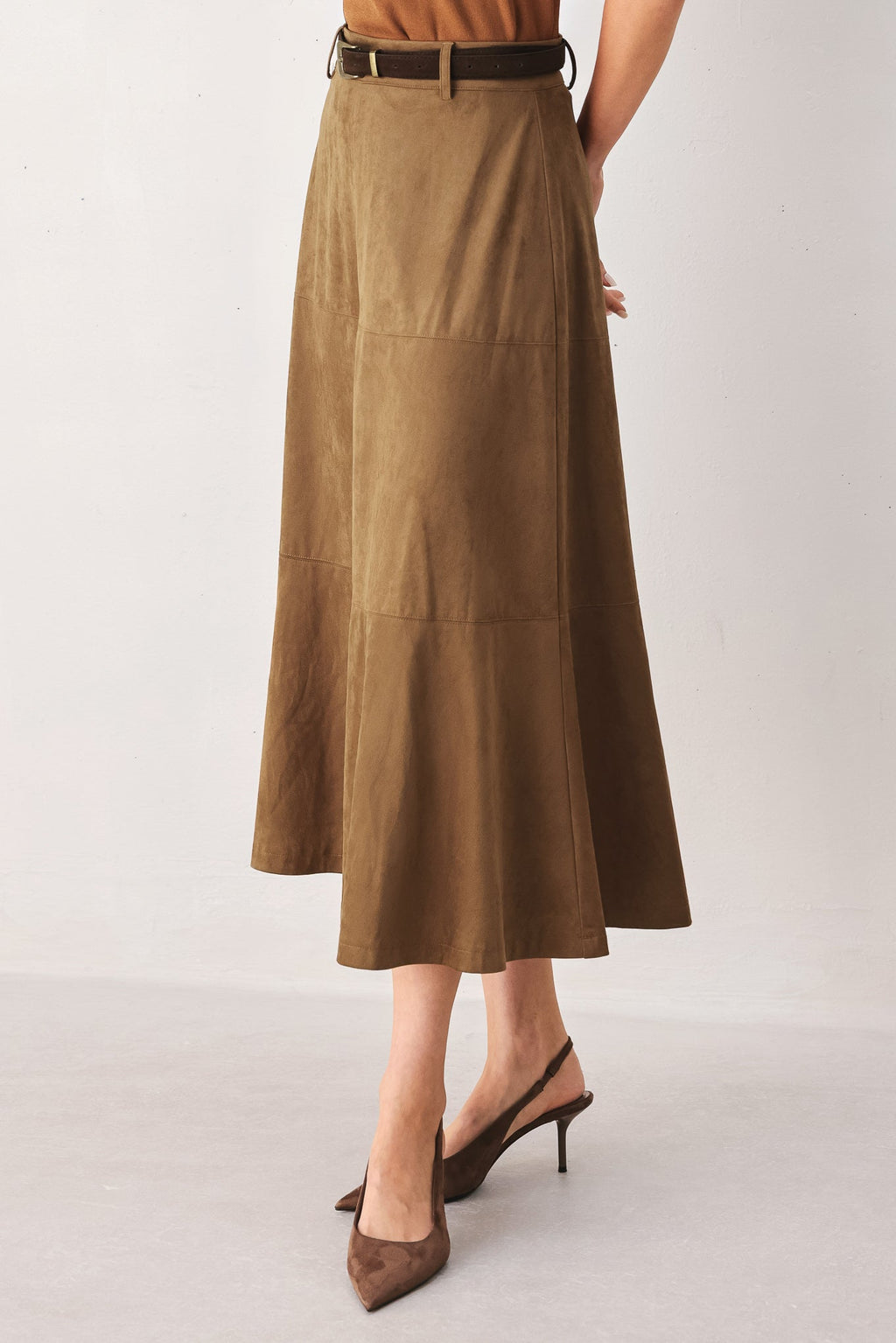SANDSTONE SILHOUETTE FAUX SUEDE MIDI SKIRT