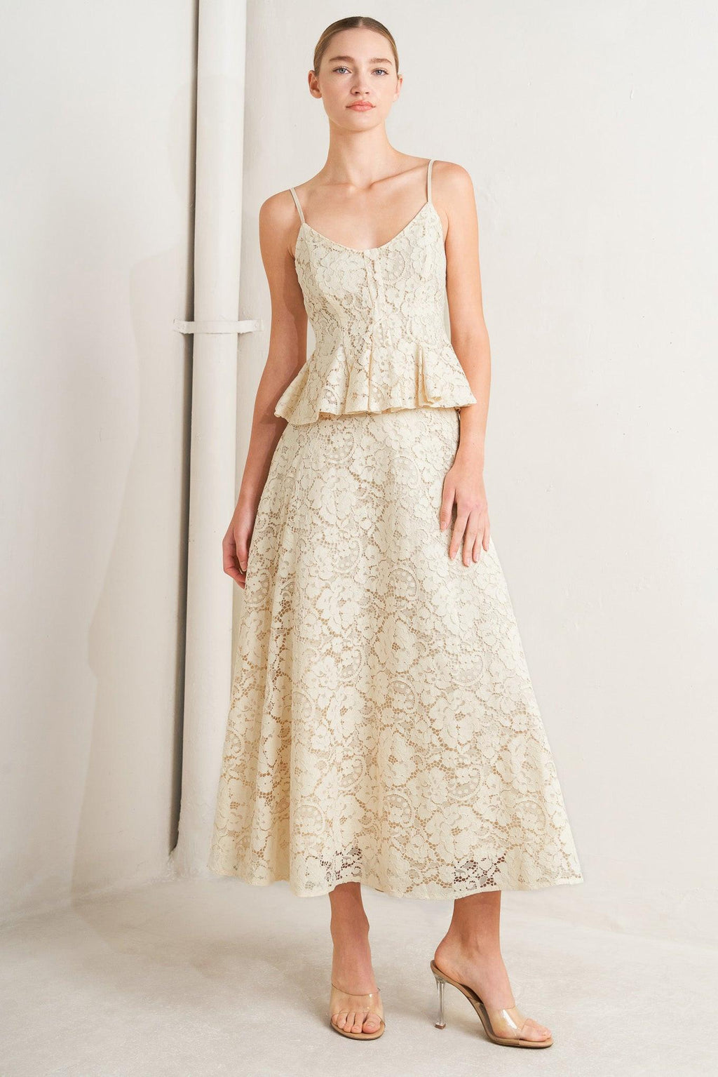 PURELY ROMANTIC WOVEN LACE MIDI SKIRT