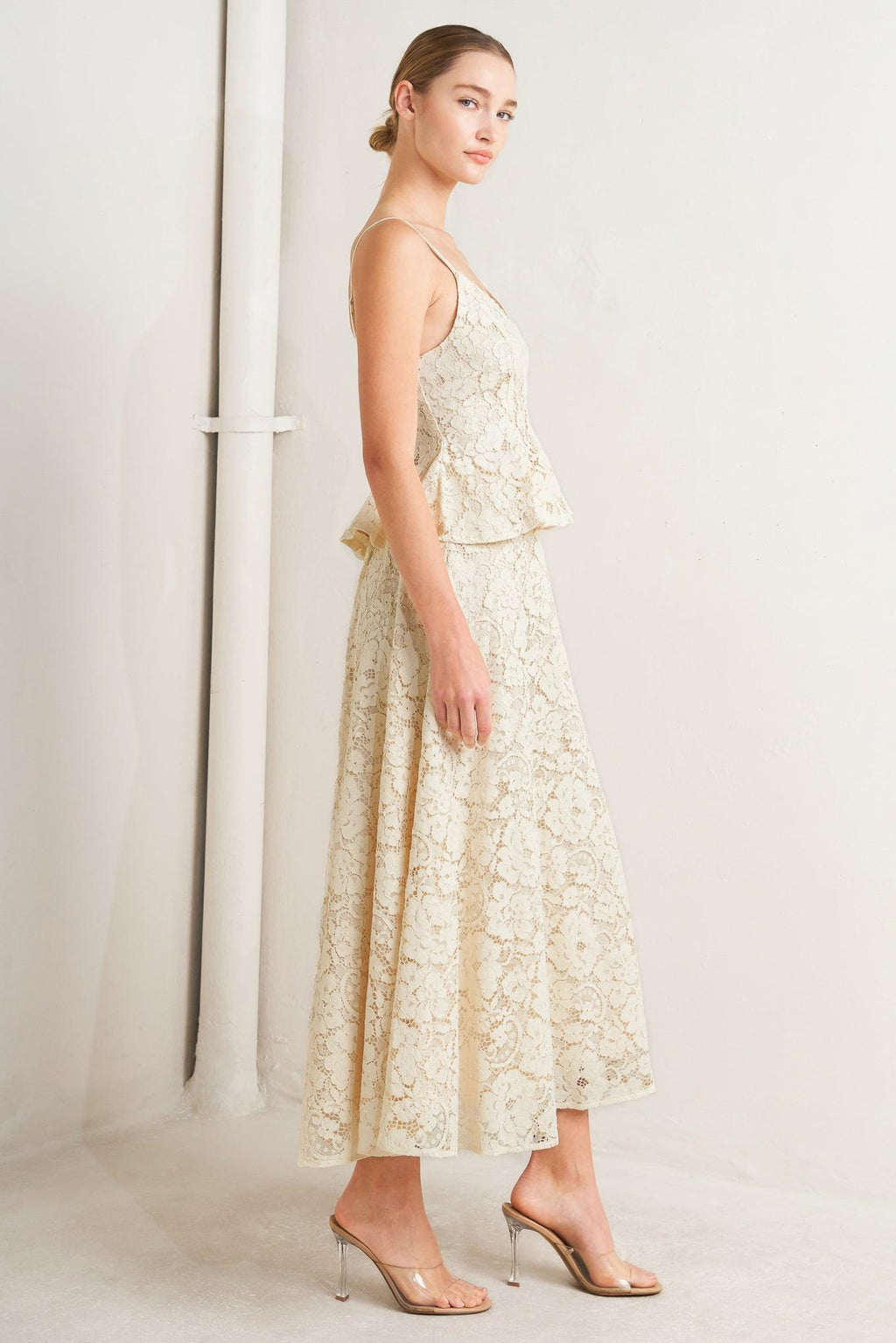 PURELY ROMANTIC WOVEN LACE MIDI SKIRT