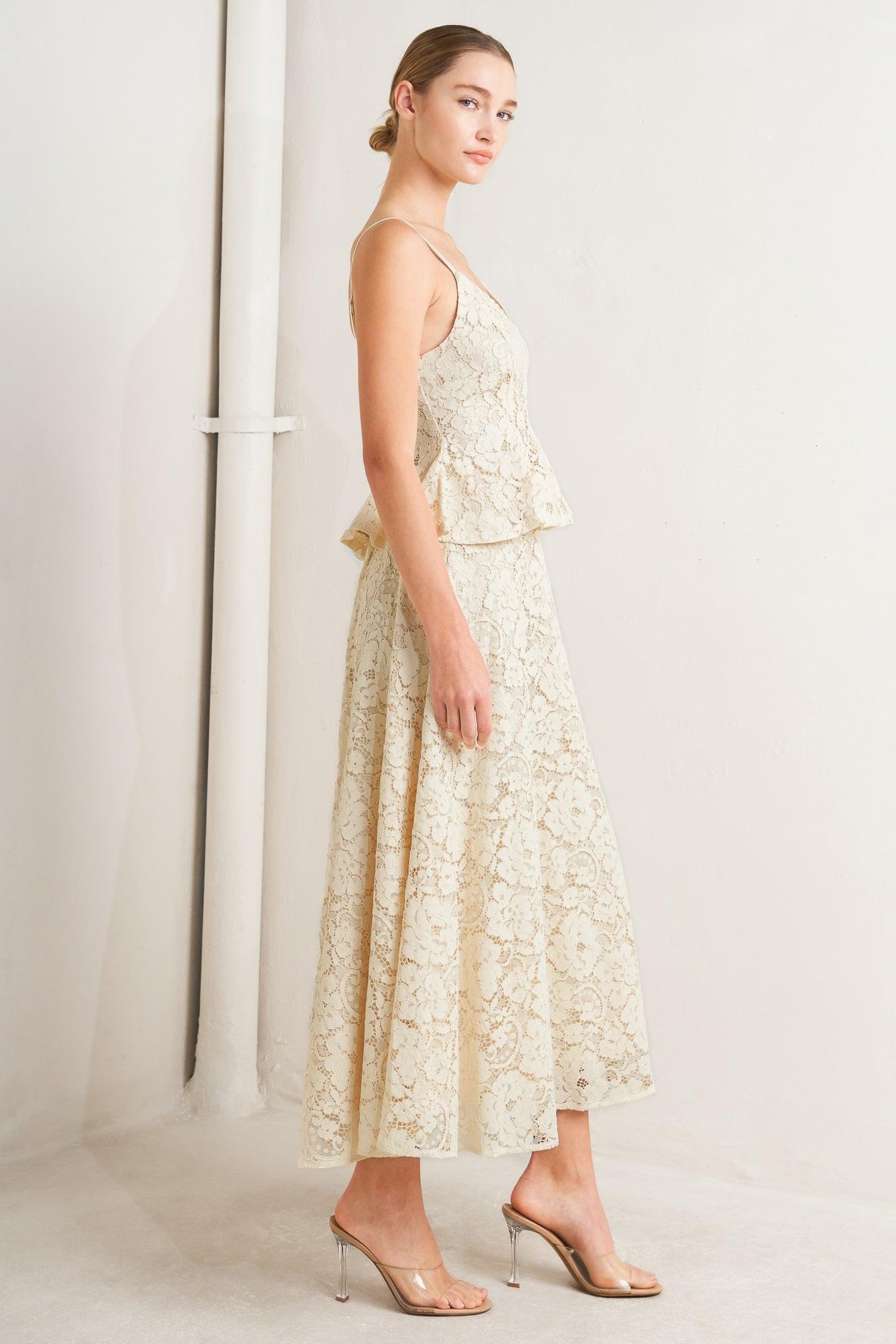PURELY ROMANTIC WOVEN LACE MIDI SKIRT