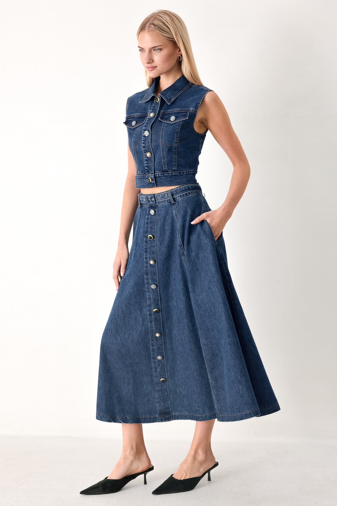 SWEET TALKER DENIM CIRCLE MIDI SKIRT