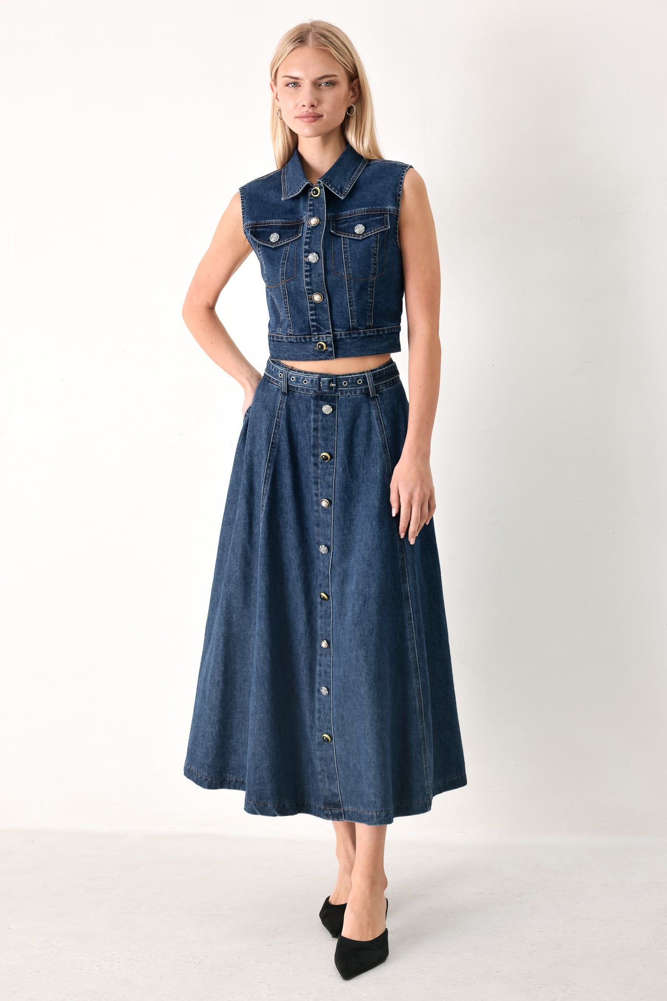 SWEET TALKER DENIM CIRCLE MIDI SKIRT
