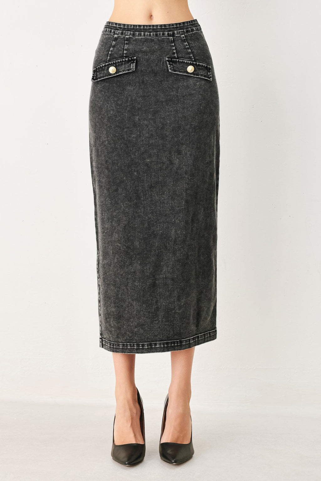 STONEWASHED DENIM MIDI PENCIL SKIRT