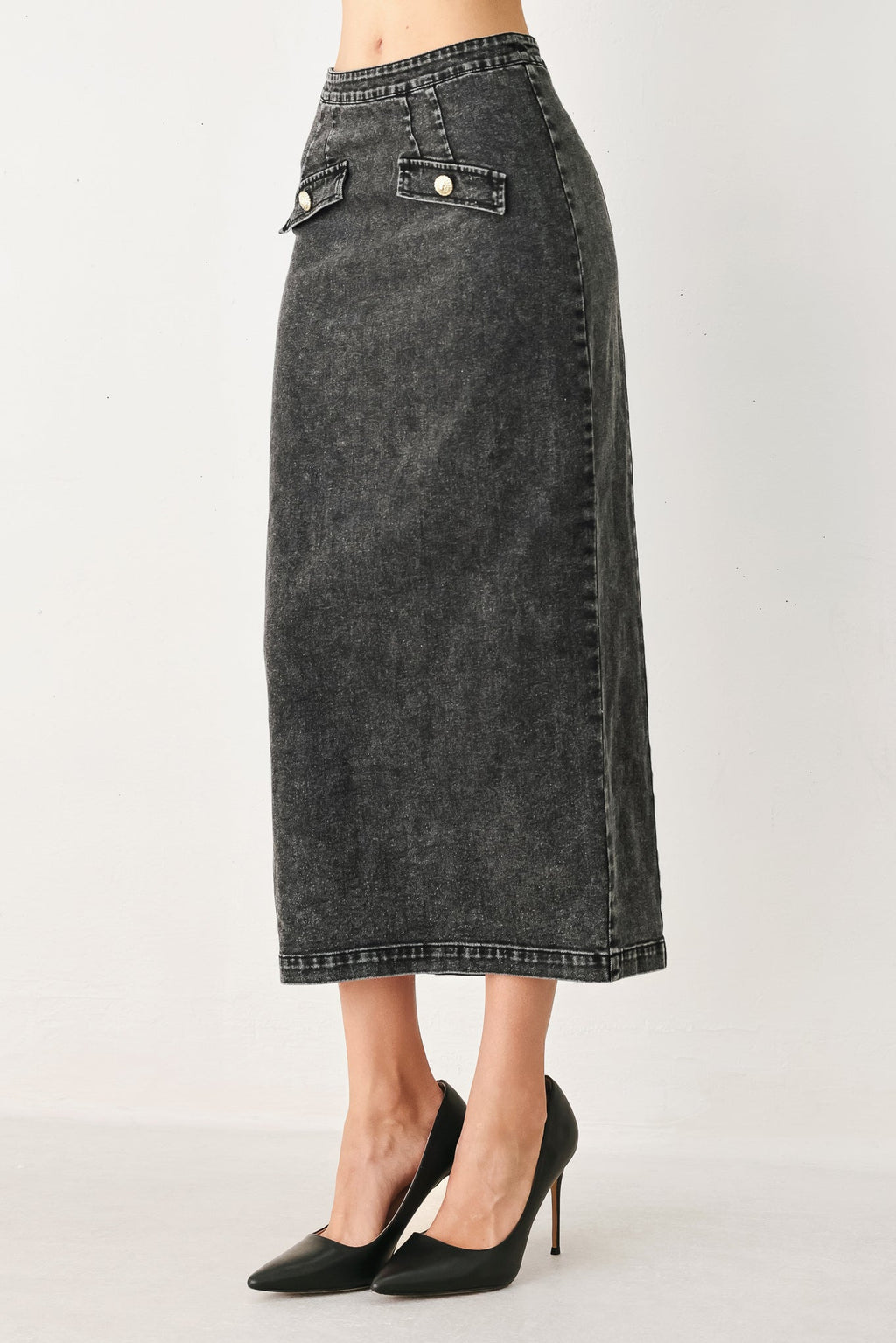 STONEWASHED DENIM MIDI PENCIL SKIRT