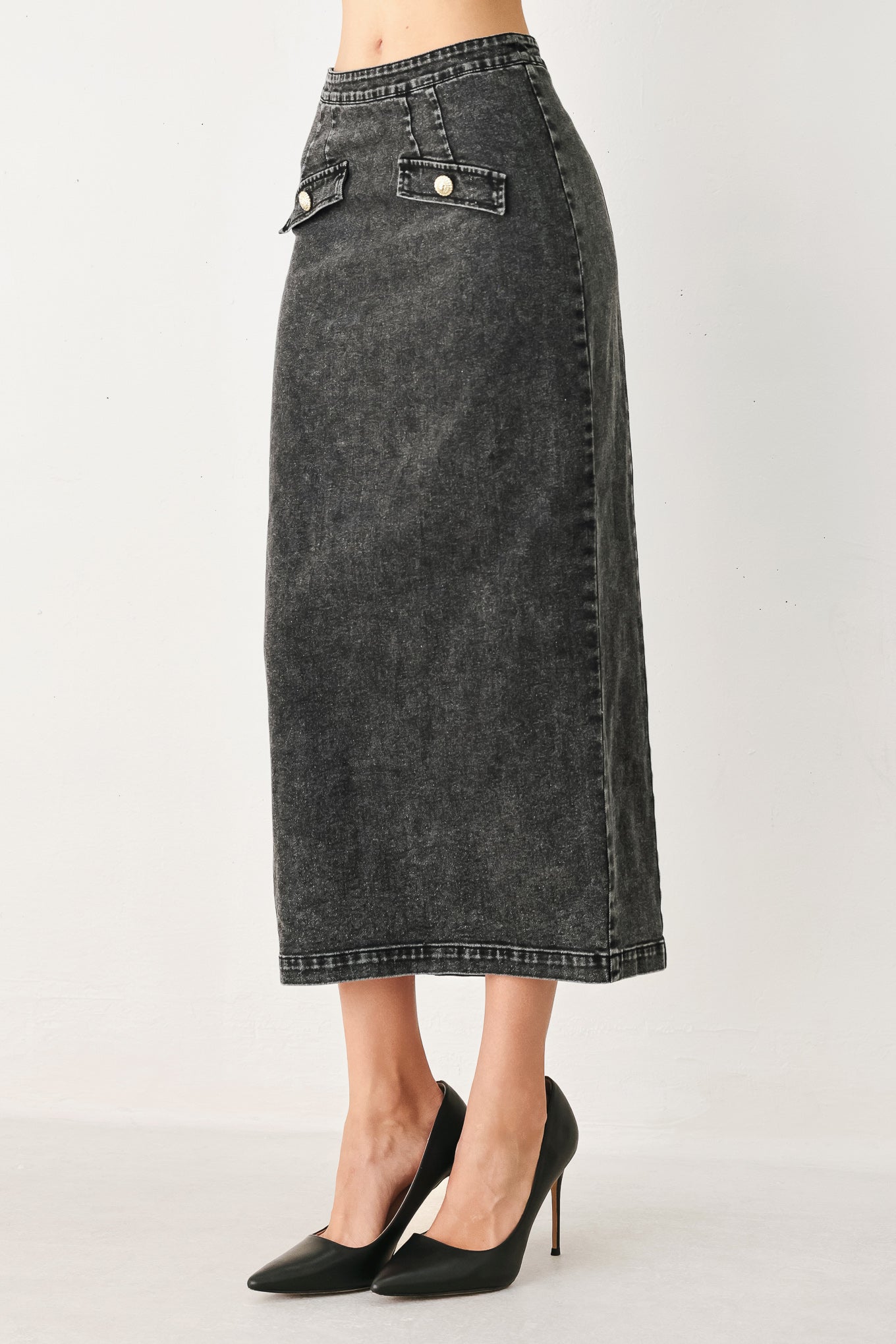 STONEWASHED DENIM MIDI PENCIL SKIRT
