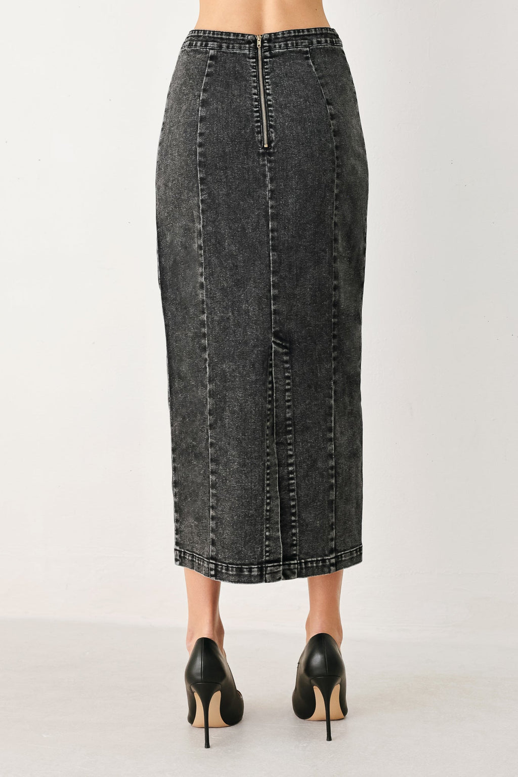 STONEWASHED DENIM MIDI PENCIL SKIRT