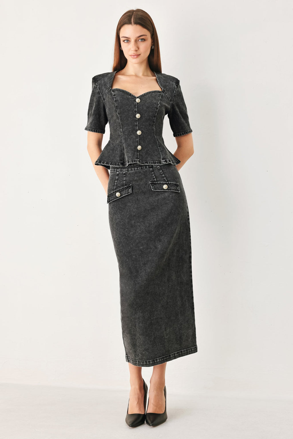 STONEWASHED DENIM MIDI PENCIL SKIRT