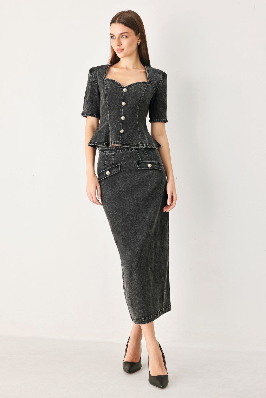 STONEWASHED DENIM MIDI PENCIL SKIRT