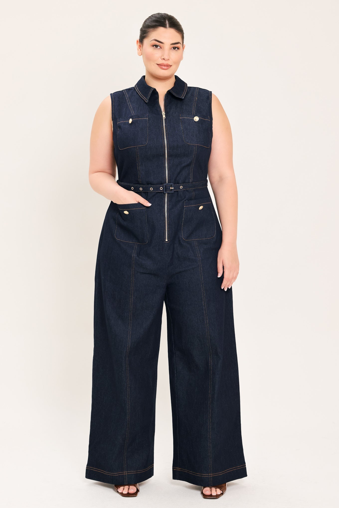 SLEEVELESS WORKWEAR DENIM JUMPSUIT