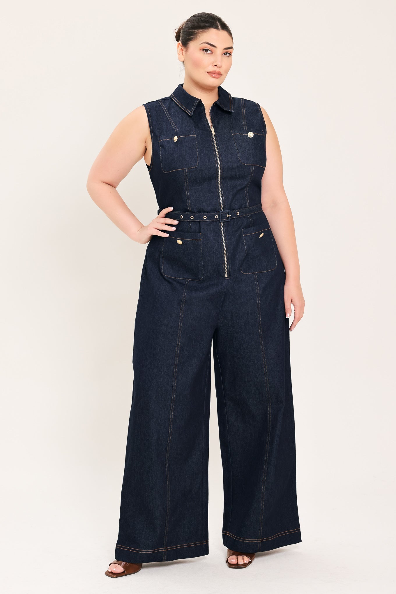 SLEEVELESS WORKWEAR DENIM JUMPSUIT