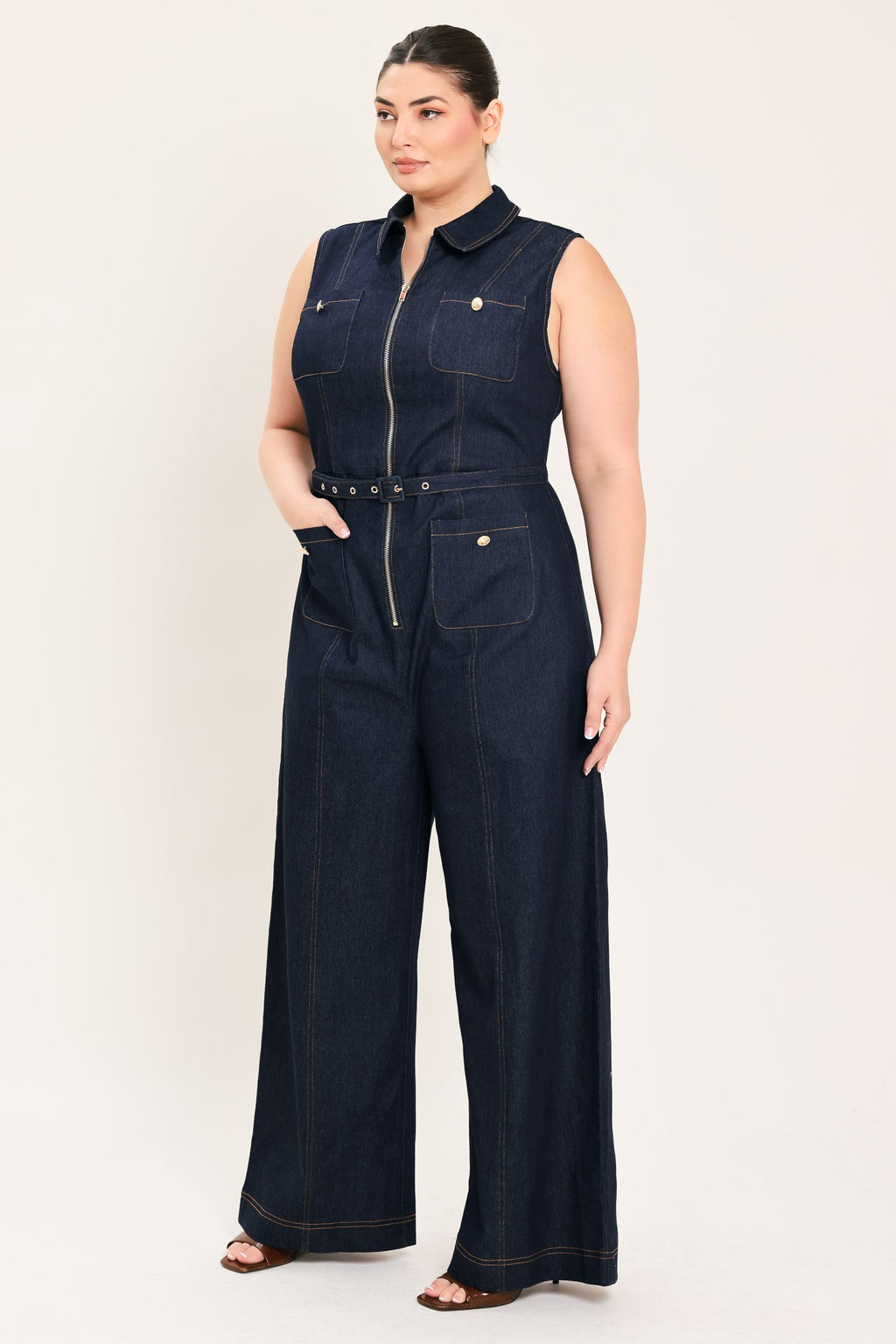 SLEEVELESS WORKWEAR DENIM JUMPSUIT