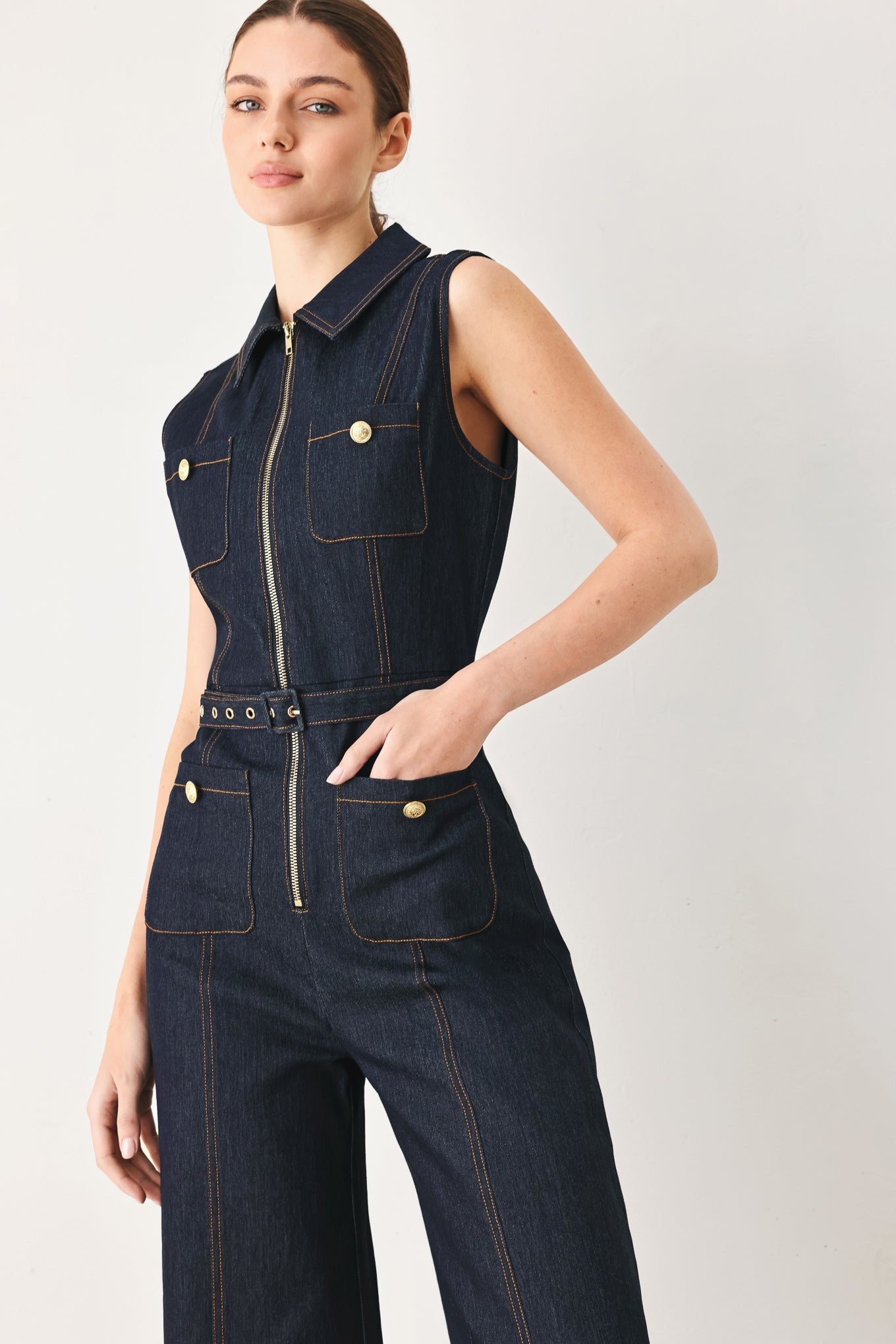 SLEEVELESS WORKWEAR DENIM JUMPSUIT