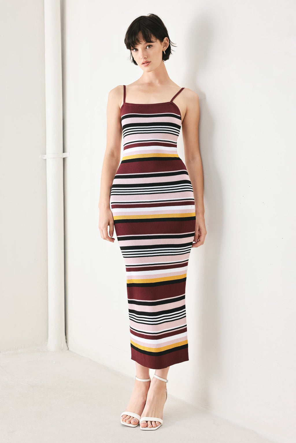 MIDNIGHT STRIPE SWEATER KNIT MIDI DRESS