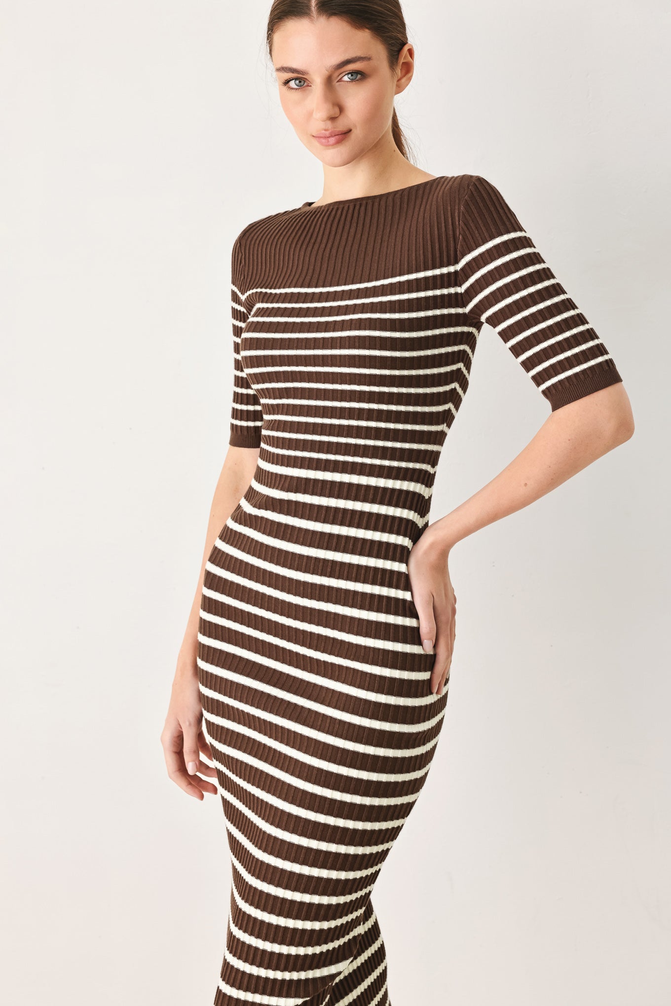 TRENDY CHOCOLATE STRIPE SWEATER MIDI DRESS