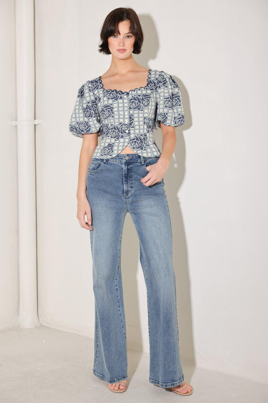 SWEET CHECK ROMANCE WOVEN JACQUARD TOP