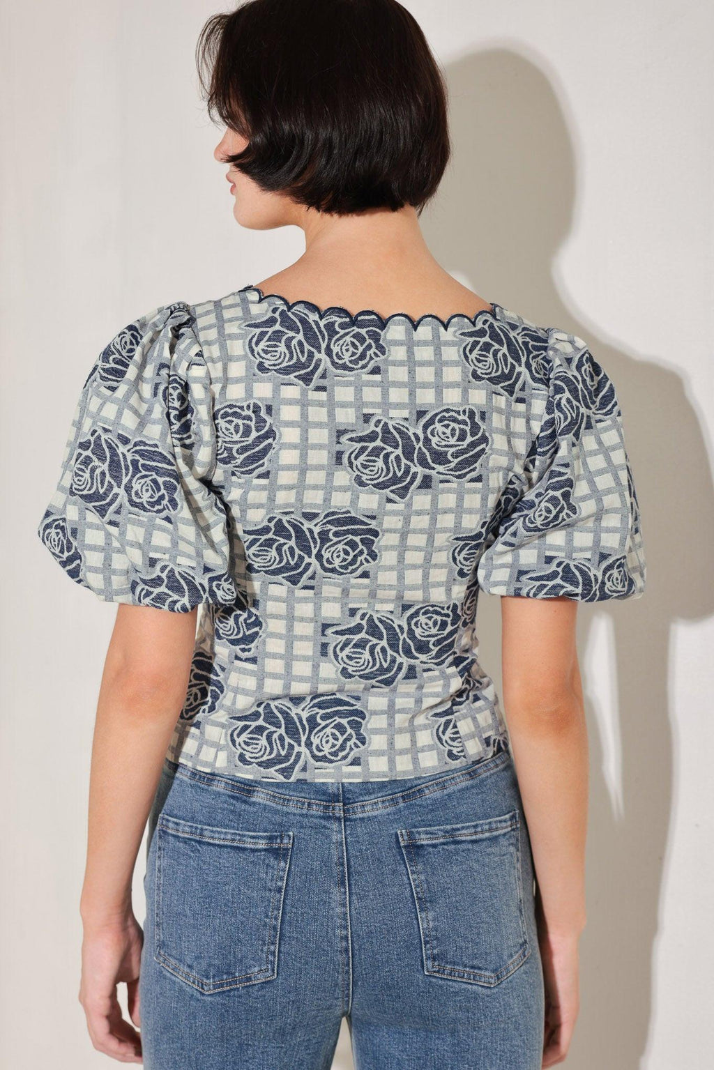 SWEET CHECK ROMANCE WOVEN JACQUARD TOP