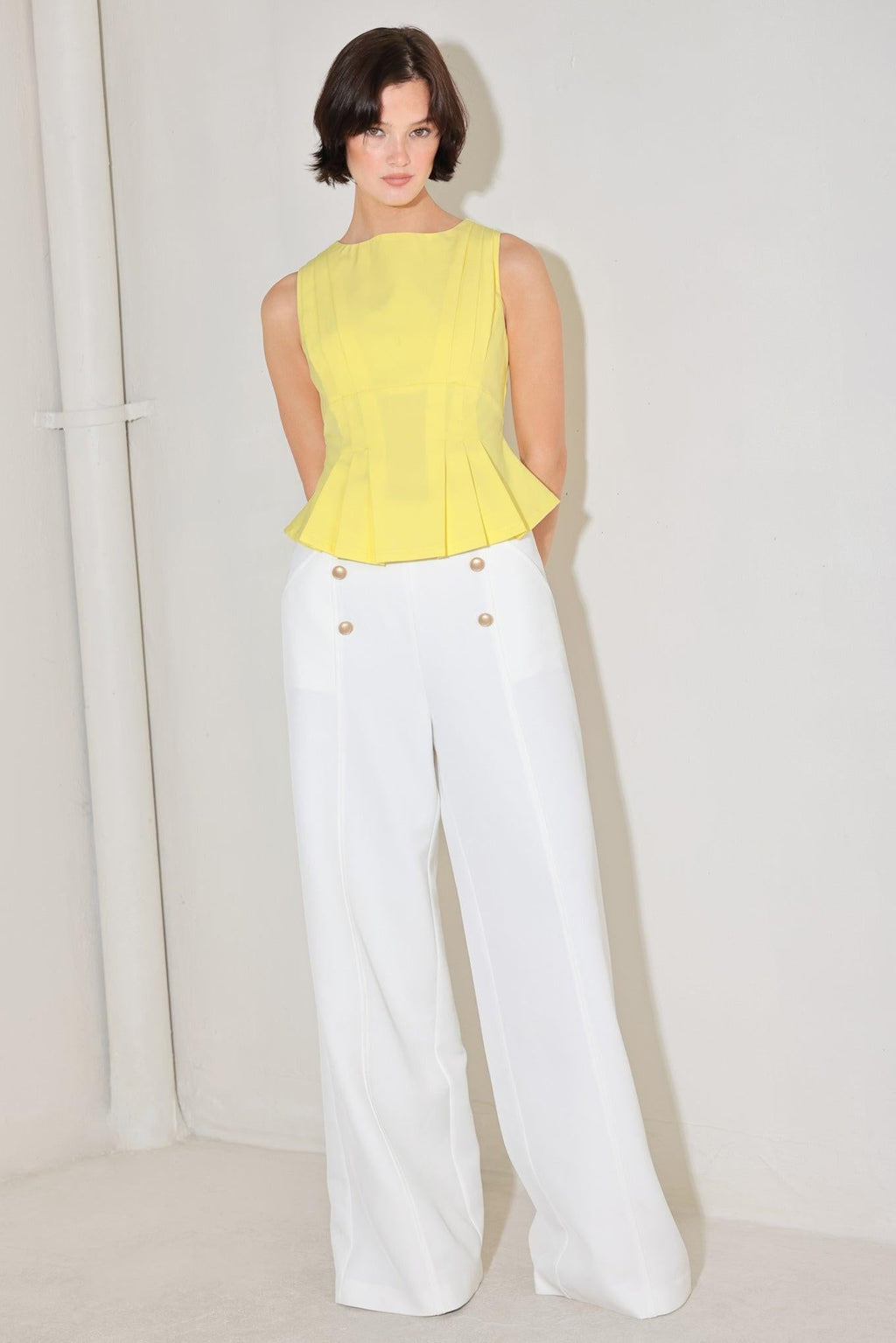 MODERN SHAPE YELLOW WOVEN TOP