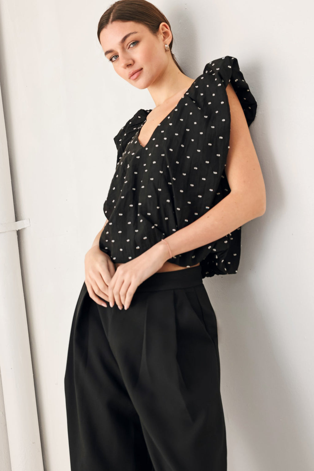 POLKA FLUTTER WOVEN TOP