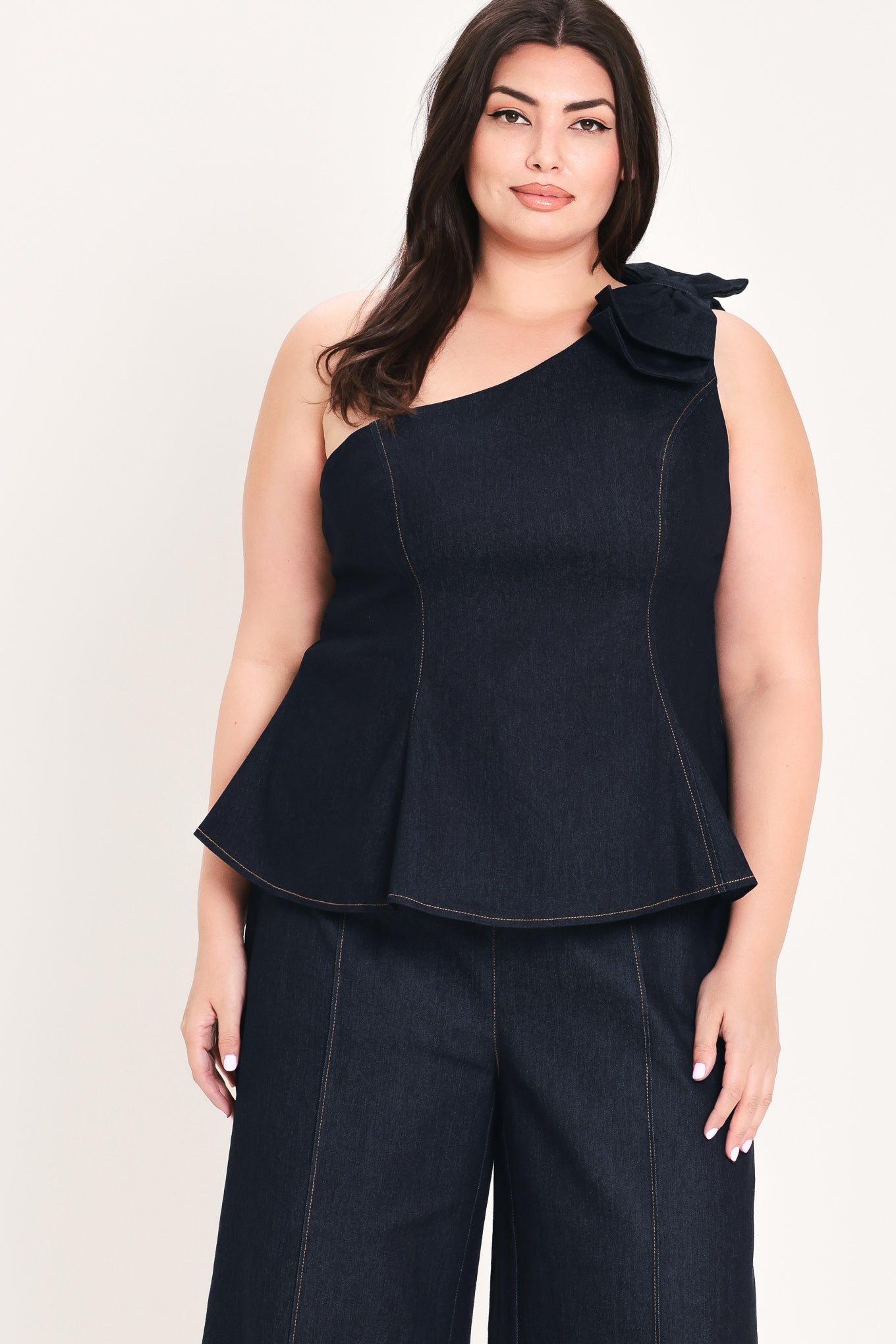 INDIGO BOW ONE SHOULDER DENIM TOP