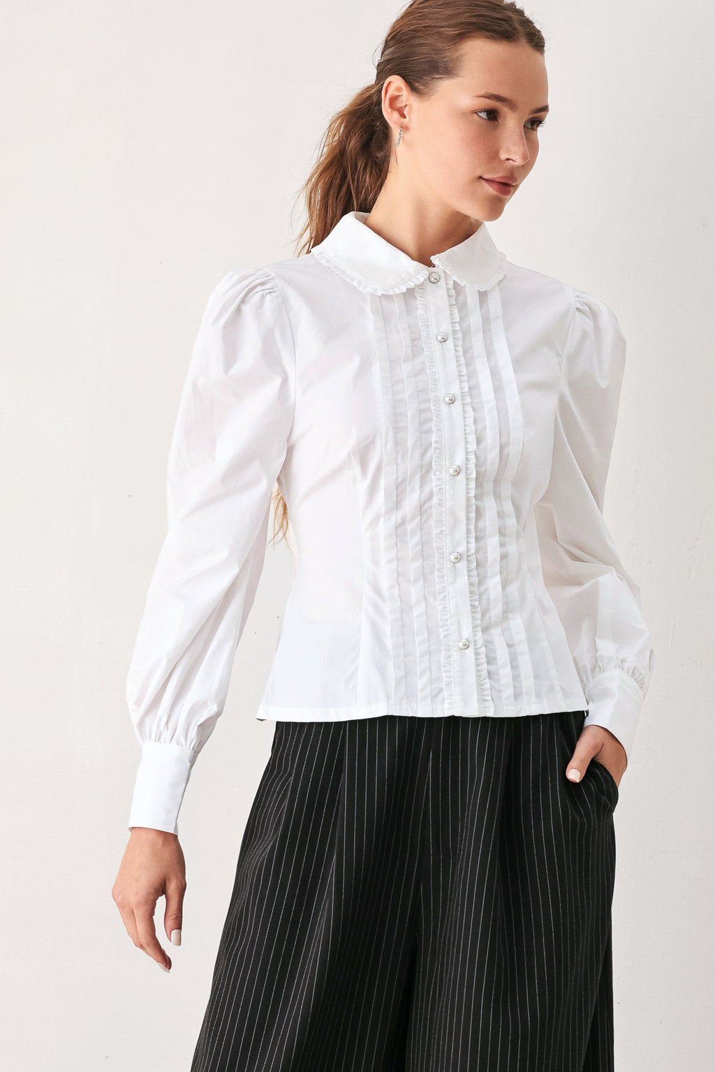 REGENCY PINTUCK LONG-SLEEVE WOVEN TOP
