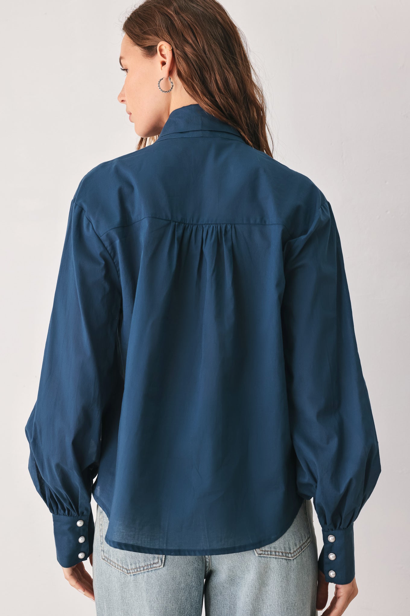 OCEAN INK PUSSY-BOW WOVEN TOP