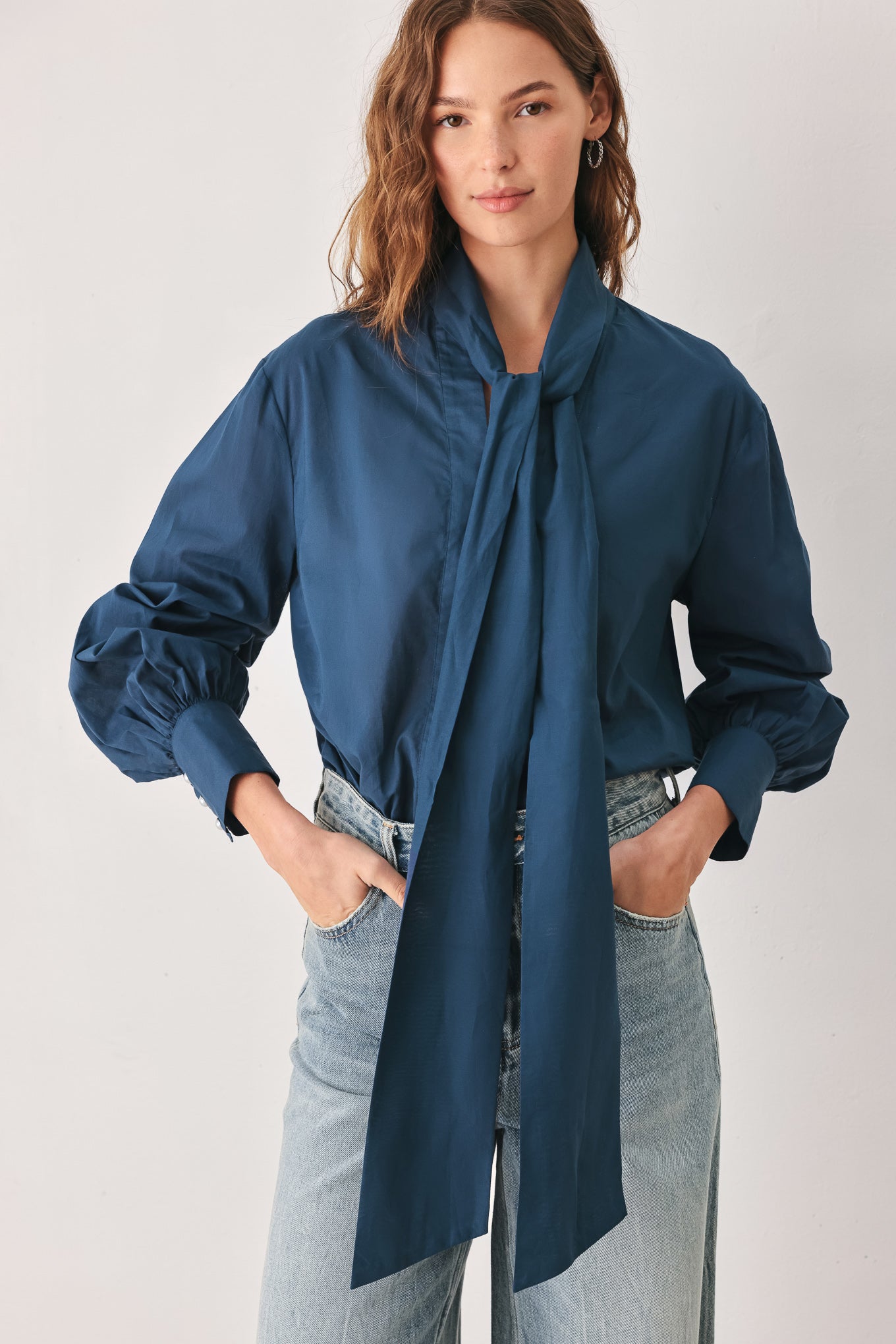 OCEAN INK PUSSY-BOW WOVEN TOP