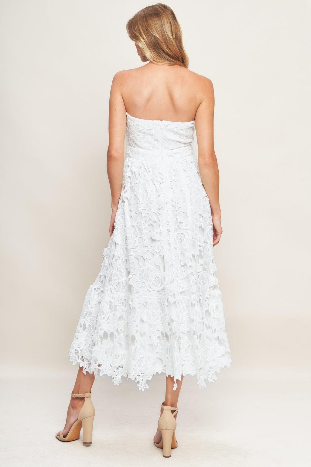 CAREFREE NIGHTS LACE OFF WHITE MIDI DRESS
