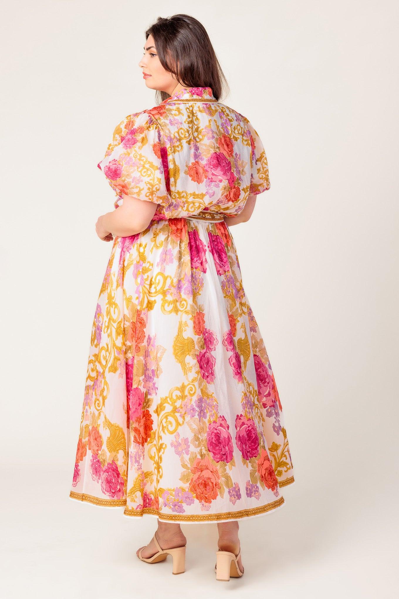 GARDEN TAPESTRY IVORY FLORAL WOVEN MIDI DRESS