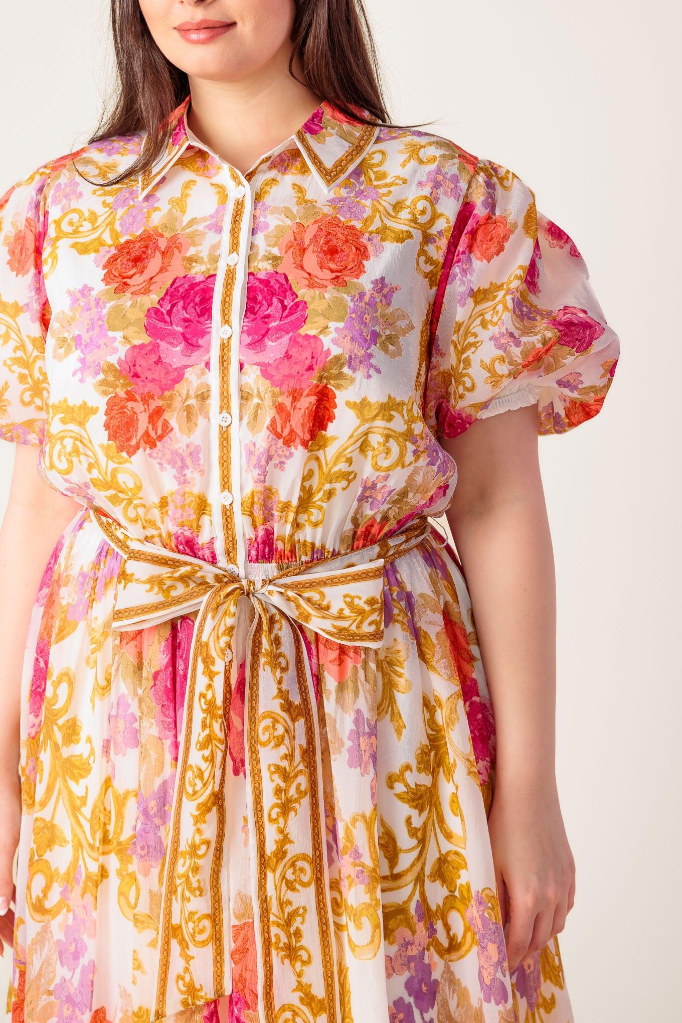 GARDEN TAPESTRY IVORY FLORAL WOVEN MIDI DRESS