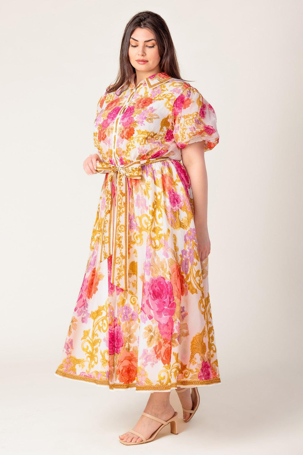 GARDEN TAPESTRY IVORY FLORAL WOVEN MIDI DRESS