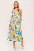 SUNLIT GARDEN PINK BLUE WOVEN MIDI DRESS